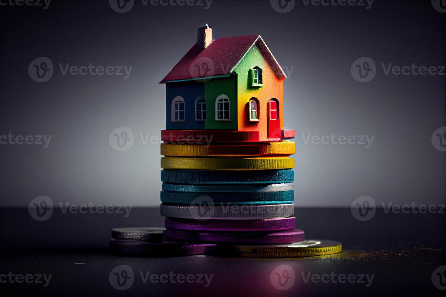 colorful Mini house on a stack of coins. Concept of Investment property. Miniature house on stack coins using as property real estate and business financial concept. photo