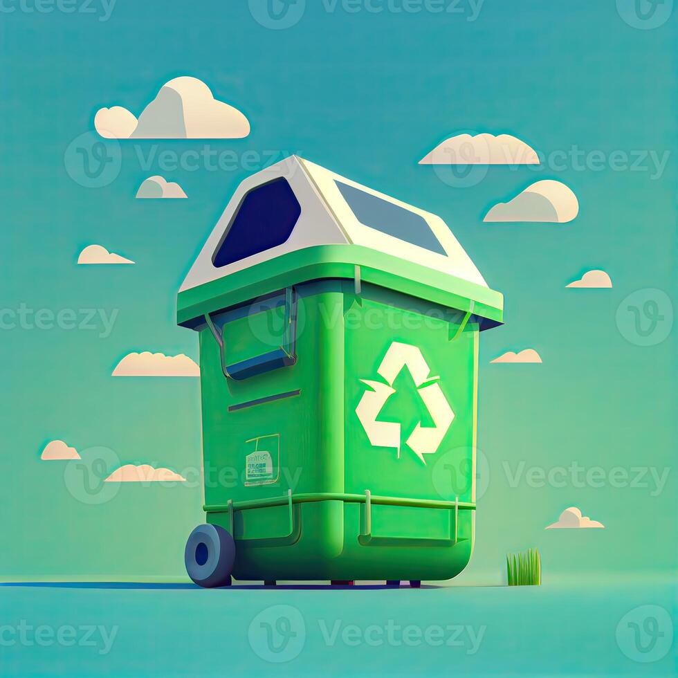 illustration cartoon of Trash recycle. Bin container for disposal garbage waste and save environment. Green dustbin for recycle glass can trash. photo