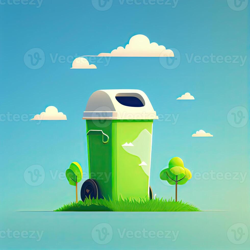 illustration cartoon of Trash recycle. Bin container for disposal garbage waste and save environment. Green dustbin for recycle glass can trash. photo