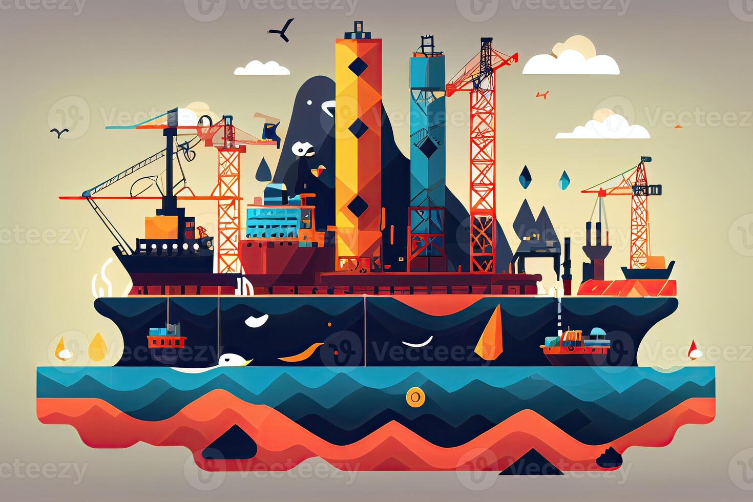 illustration Oil and Gas plant with shipping loading dock at twilight.Processing Oil Product Building of Chemical Petroleum Factory, Heavy Industrial Sector. photo