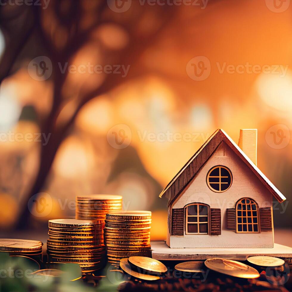 mini casa en un apilar de monedas concepto de inversión propiedad. miniatura casa en apilar monedas utilizando como propiedad real inmuebles y negocio financiero concepto. generativo ai foto