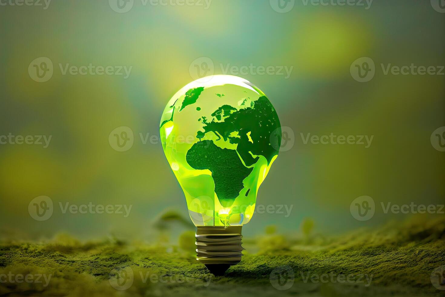 Environmental protection, renewable, sustainable energy sources. The green world map is on a light bulb that represents green energy Renewable energy that is important to the world. photo