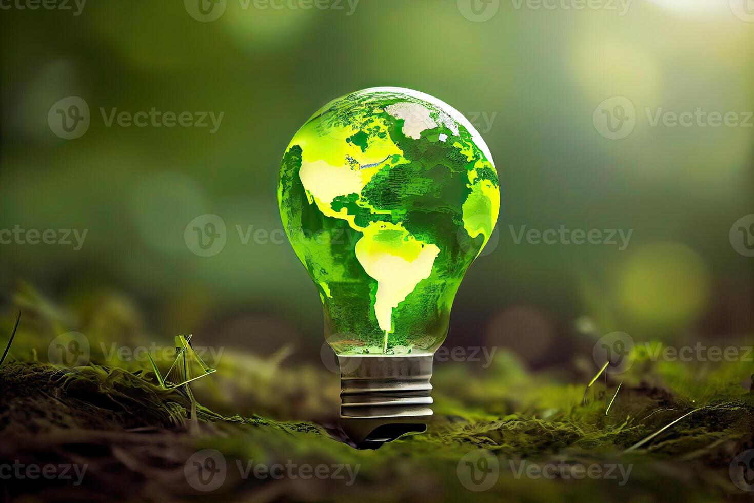 Environmental protection, renewable, sustainable energy sources. The green world map is on a light bulb that represents green energy Renewable energy that is important to the world. photo