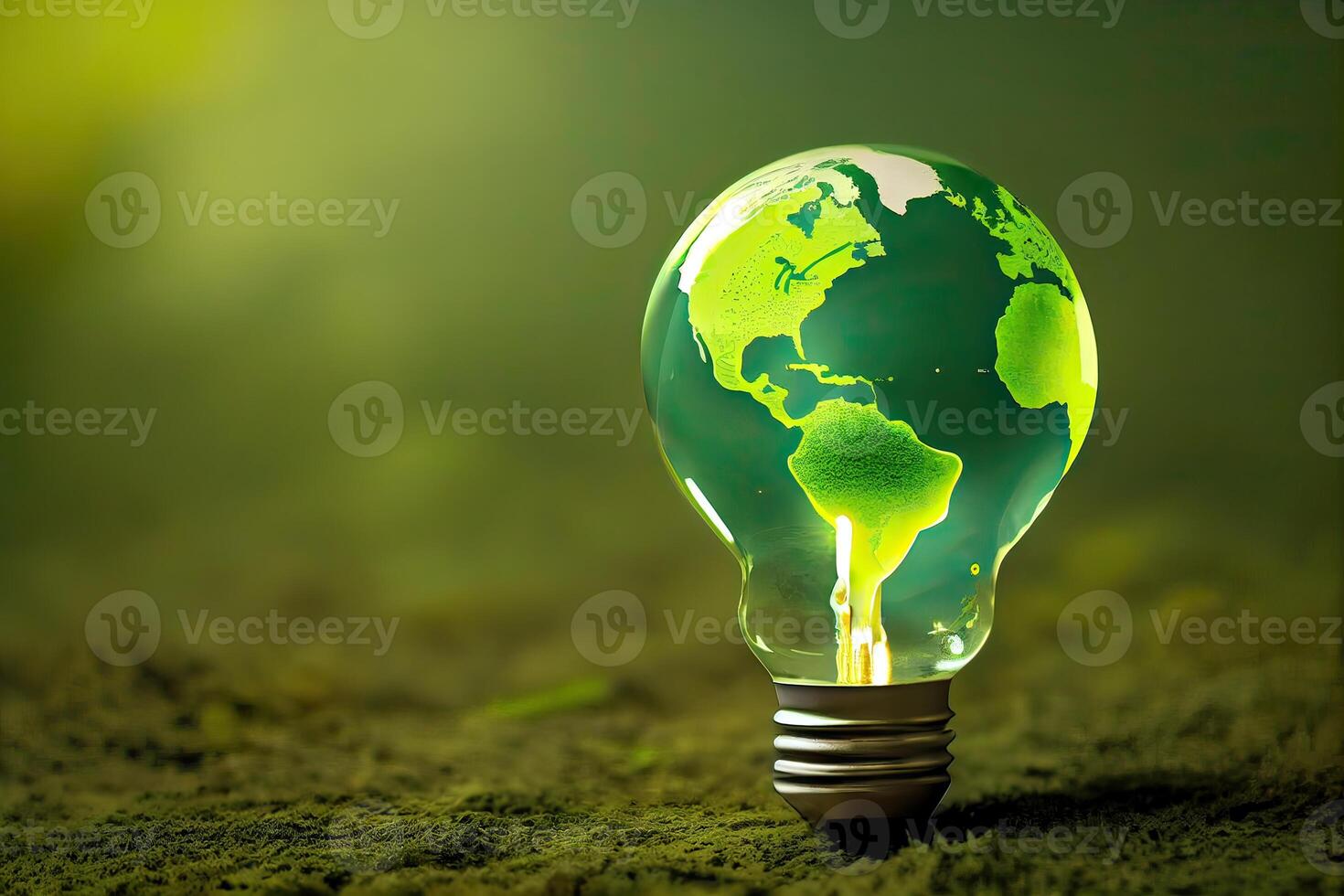 Environmental protection, renewable, sustainable energy sources. The green world map is on a light bulb that represents green energy Renewable energy that is important to the world. photo