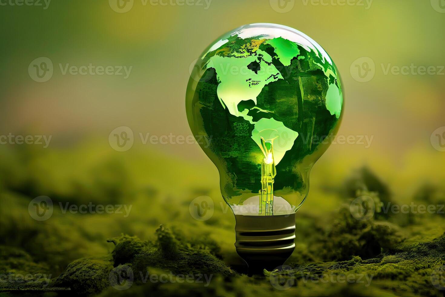 Environmental protection, renewable, sustainable energy sources. The green world map is on a light bulb that represents green energy Renewable energy that is important to the world. photo