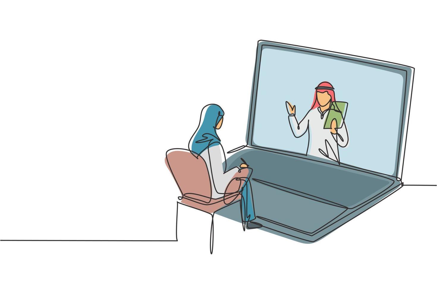 Single one line drawing hijab female student sitting studying staring at laptop screen and inside laptop there is male Arab lecturer who is teaching. Continuous draw design graphic vector illustration