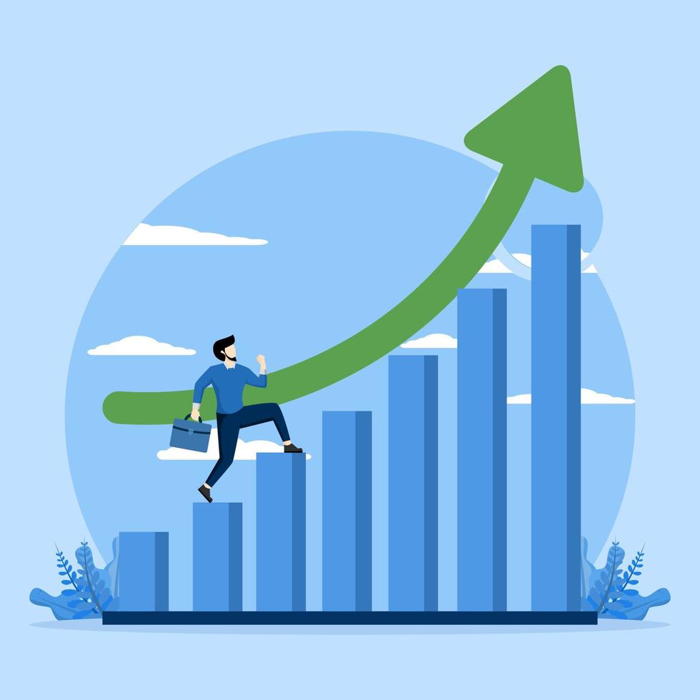 Young entrepreneur leader climbing career ladder. Step chart with arrows. The idea of implementation. Modern banner business growth startup development poster design. Creative people vector