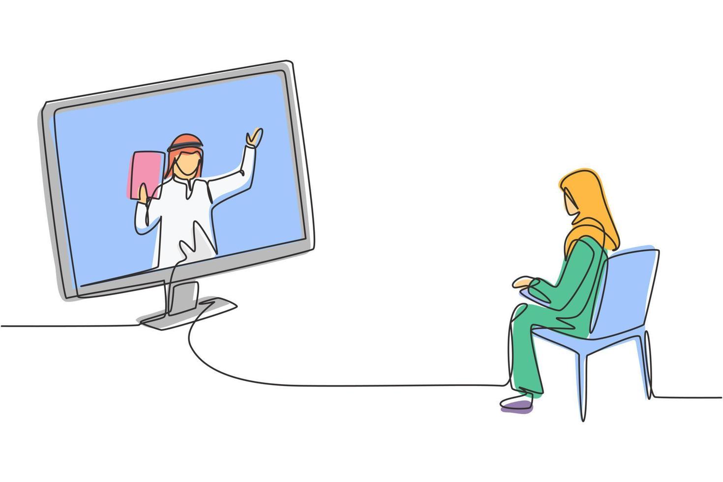 Continuous one line drawing hijab female student sitting studying staring at monitor screen and inside laptop there is male Arabian lecturer who is teaching. Single design vector graphic illustration