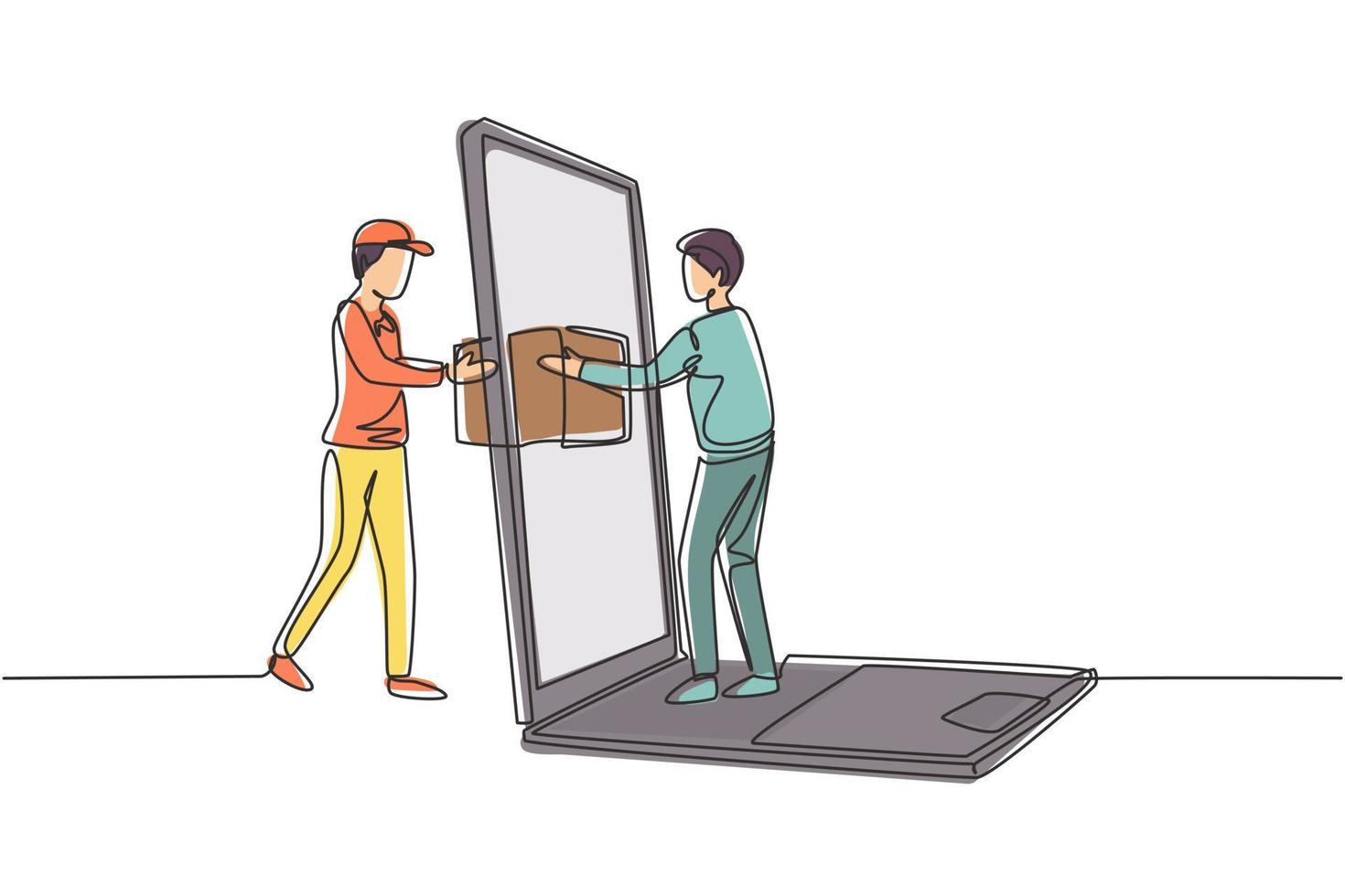 Single continuous line drawing male courier delivers box package, through laptop screen to male customer. Online delivery service concept. Dynamic one line draw graphic design vector illustration