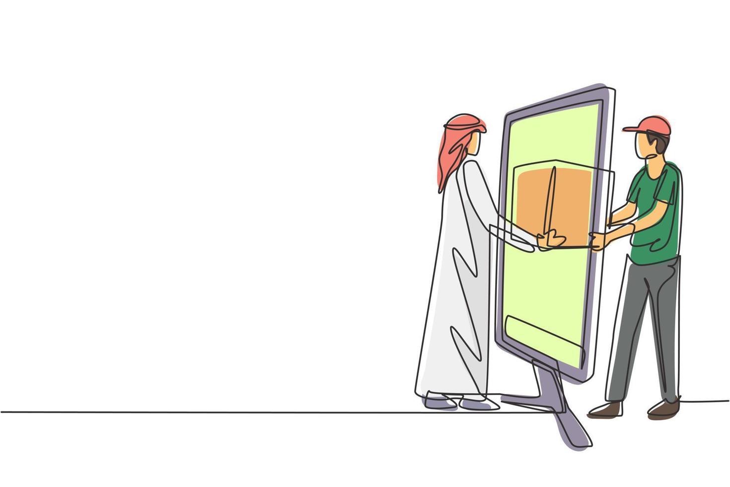 El mensajero masculino de dibujo continuo de una línea entrega el paquete de la caja, a través de la pantalla del monitor, al cliente árabe masculino. concepto de servicio de entrega en línea. Ilustración gráfica de vector de diseño de dibujo de una sola línea