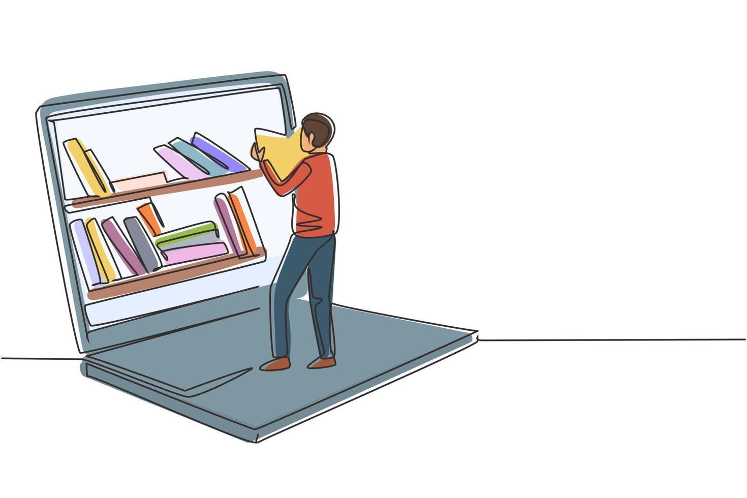 Un solo libro de lectura de estudiante masculino de dibujo de línea continua mientras está de pie frente a una computadora portátil grande con una estantería en la pantalla. educación móvil. Ilustración de vector de diseño gráfico de dibujo de una línea dinámica