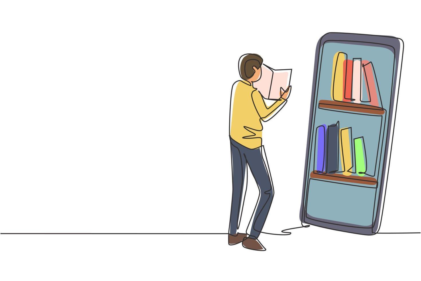 Single one line drawing male student reading book while standing in front of large smartphone with bookshelf on screen. Mobile education. Modern continuous line draw design graphic vector illustration