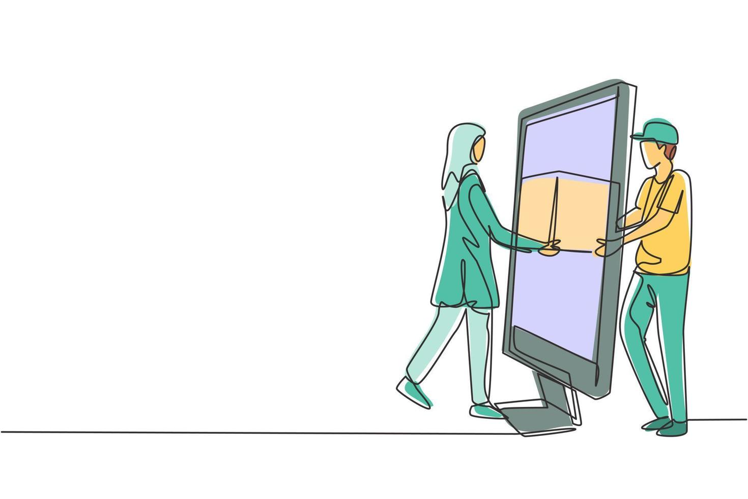 El mensajero masculino de dibujo de una sola línea entrega el paquete de la caja, a través de la pantalla del monitor, a la clienta hijab. servicio de entrega online. Ilustración de vector gráfico de diseño de dibujo de línea continua moderna