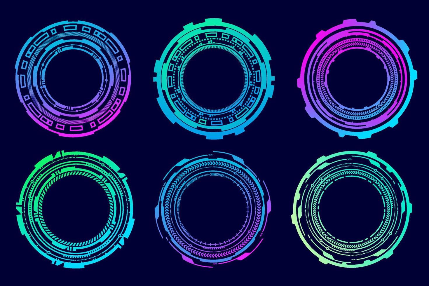HUD futuristic elements. Abstract optical neon aim. Circle geometric shapes for virtual interface and games. Camera viewfinder for sniper weapon. Vector set