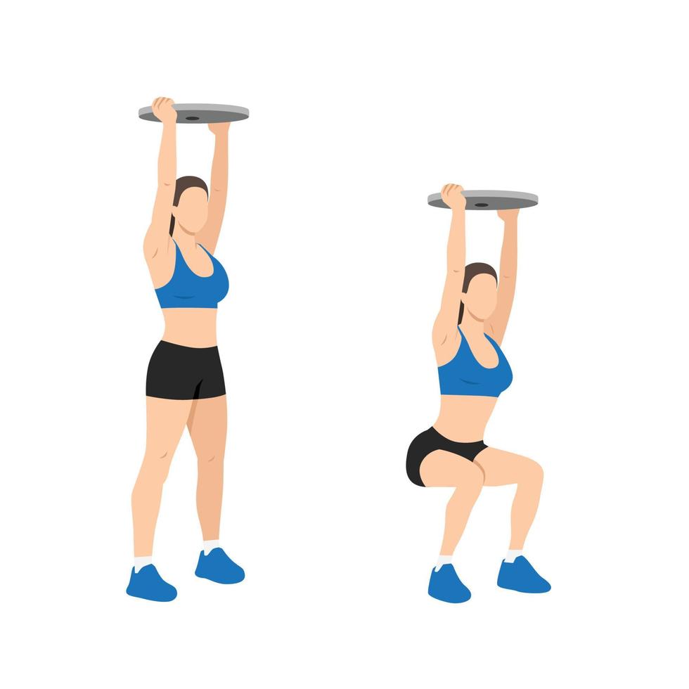 Woman doing Overhead plate squats exercise. Flat vector