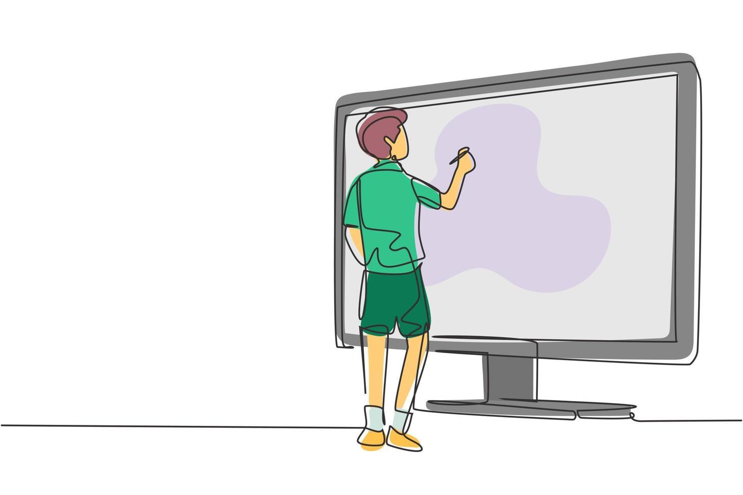 Single continuous line drawing male junior high school student writing on giant monitor screen like he was writing on whiteboard. Learning concept. One line draw graphic design vector illustration
