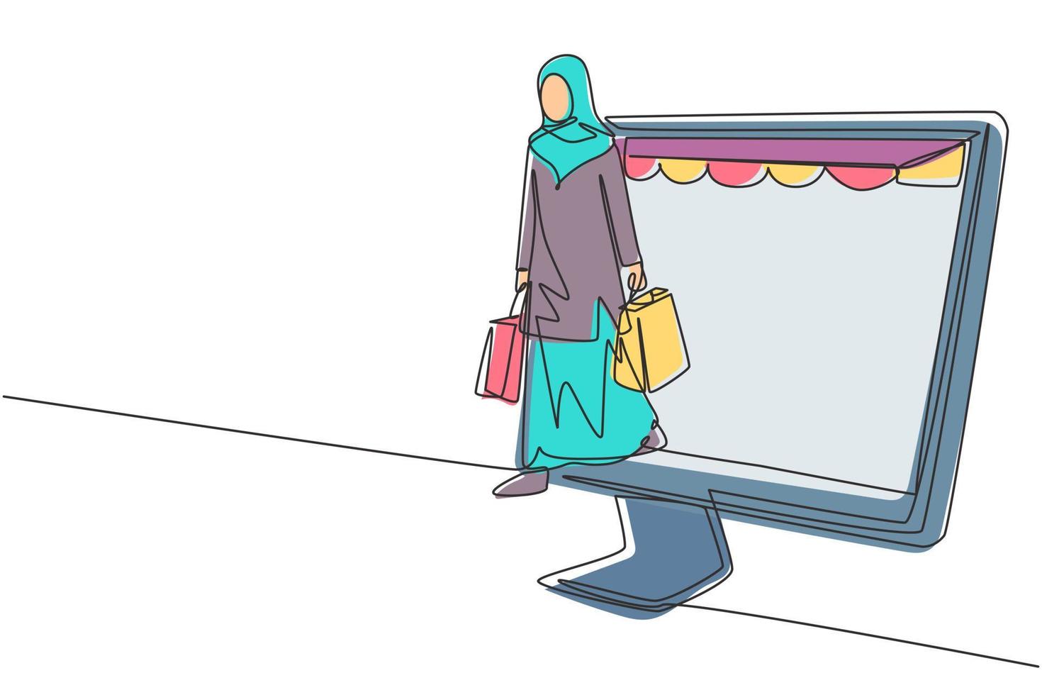 Single continuous line drawing Arab woman coming out of canopy monitor screen holding shopping bags. Digital lifestyle and consumerism concept. Dynamic one line draw graphic design vector illustration