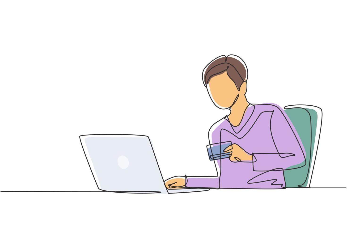 Single one line drawing young man sitting on chair and typing entering credit card code on laptop around desk. Digital payment concept. Modern continuous line draw design graphic vector illustration
