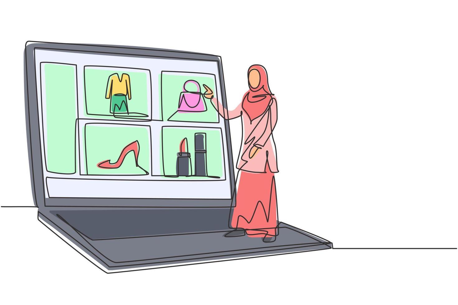 Single continuous line drawing young Arabian woman choosing shopping items on a giant laptop screen. Digital lifestyle with gadgets concept. Dynamic one line draw graphic design vector illustration