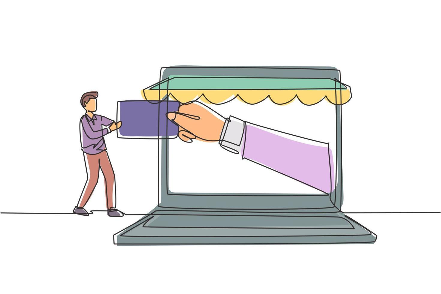 Single continuous line drawing young man inserting credit card into large canopy laptop screen and accepted by hand. Digital payment concept. Dynamic one line draw graphic design vector illustration