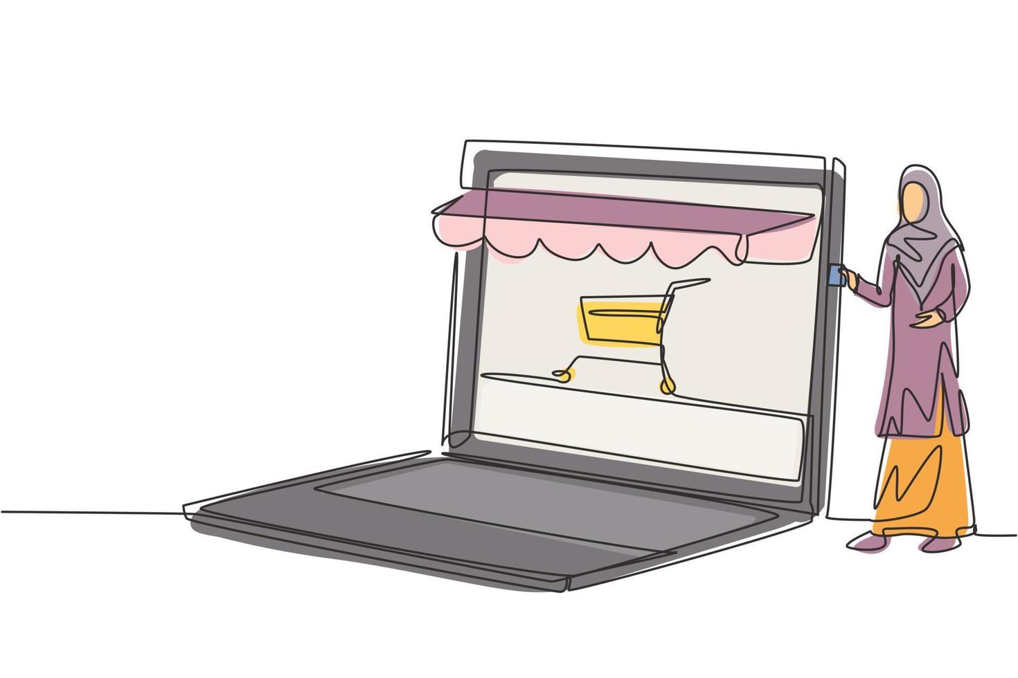 Continuous one line drawing young Arab woman inserting credit card into canopy laptop screen with shopping cart. E-shop, digital payment concept. Single line draw design vector graphic illustration