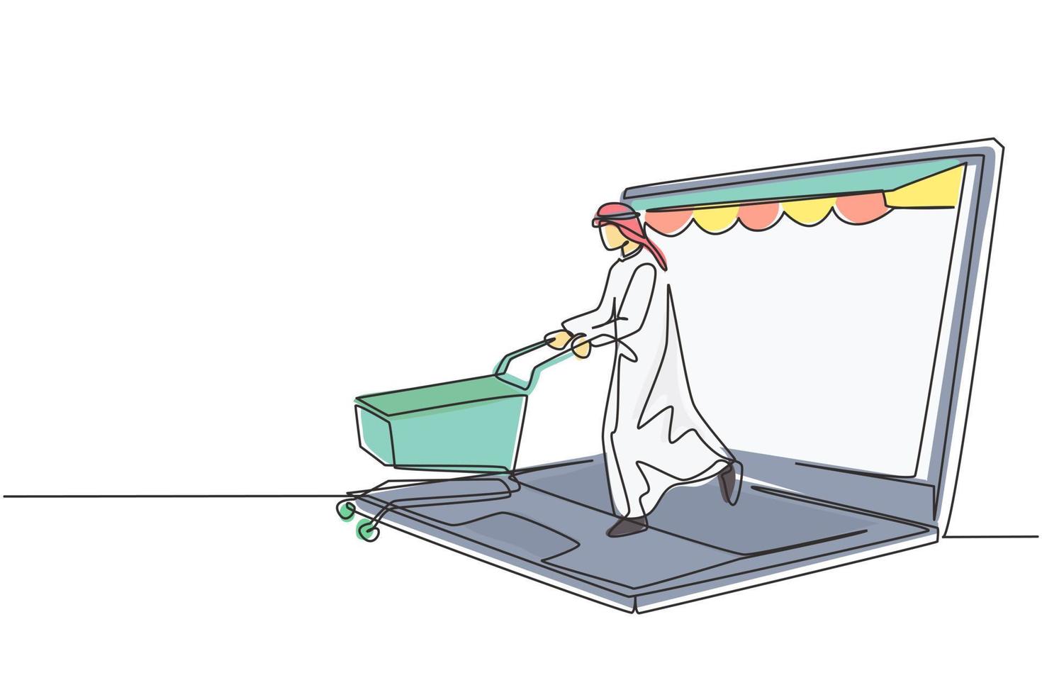 Continuous one line drawing young Arab man coming out of canopy laptop screen pushing a shopping cart. Sale, digital lifestyle consumerism concept. Single line draw design vector graphic illustration