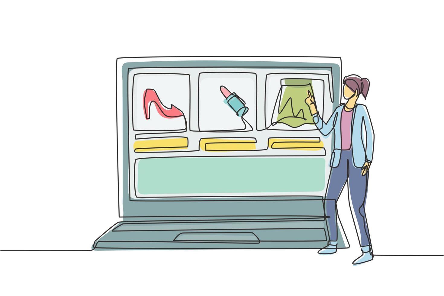Continuous one line drawing young woman choosing shopping items on a giant laptop screen. Digital lifestyle with internet and gadgets concept. Single line draw design vector graphic illustration