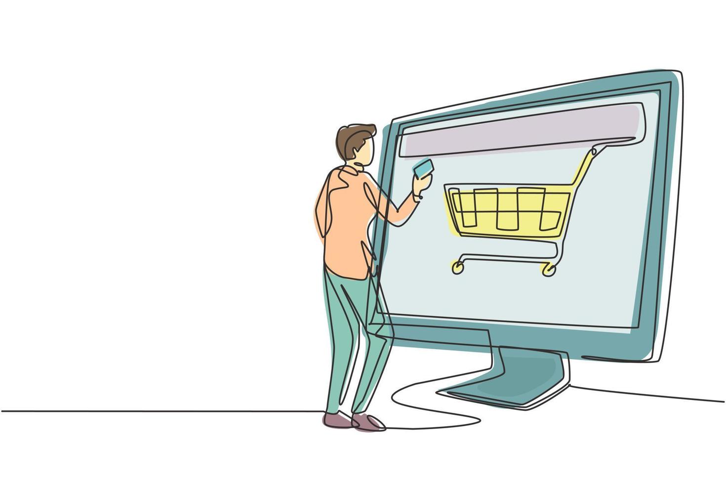 Continuous one line drawing young man shopping online via giant computer screen with shopping cart inside. Digital lifestyle, consumerism concept. Single line draw design vector graphic illustration