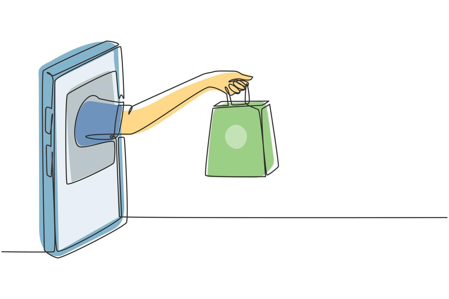 Single continuous line drawing hand out of smartphone screen holding shopping bag. Sale, digital lifestyle with internet and gadgets concept. Dynamic one line draw graphic design vector illustration