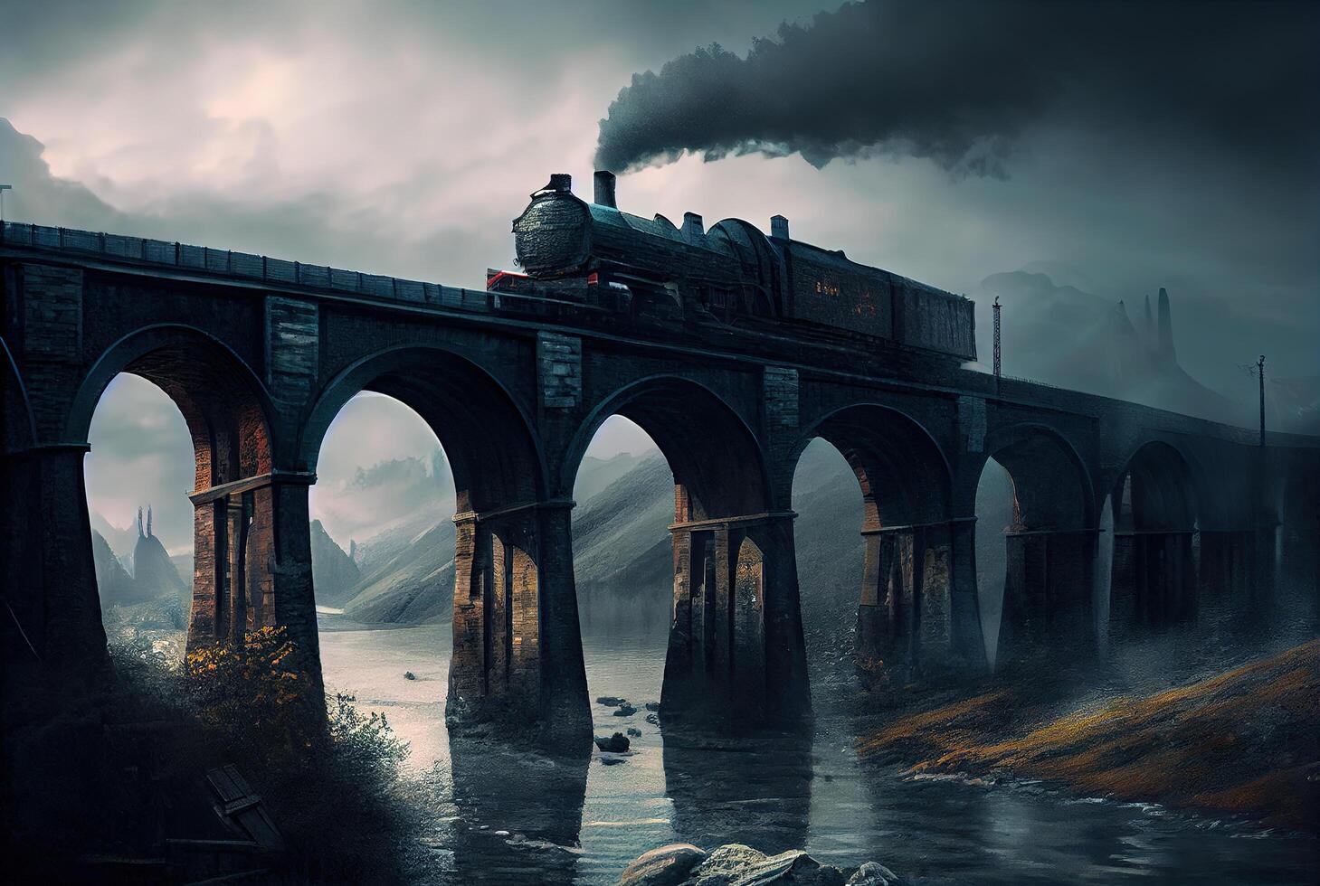 Surreal gloomy landscape with bridge and train. photo