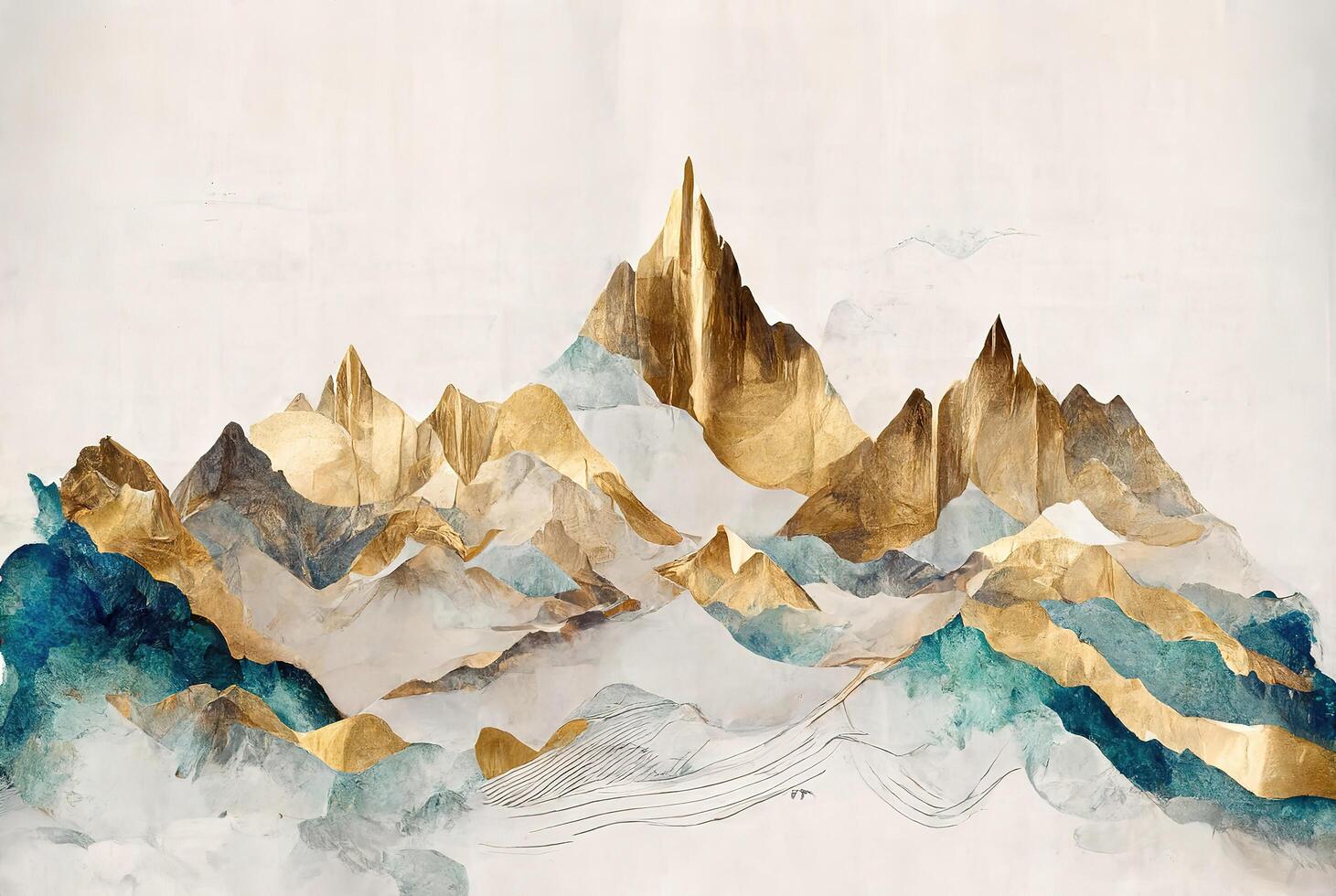 Grunge watercolor mountains landscape with golden color. photo