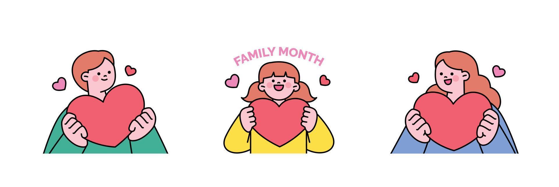 family month. People who appreciate their parents and love their children. People hold hearts in their hands. vector