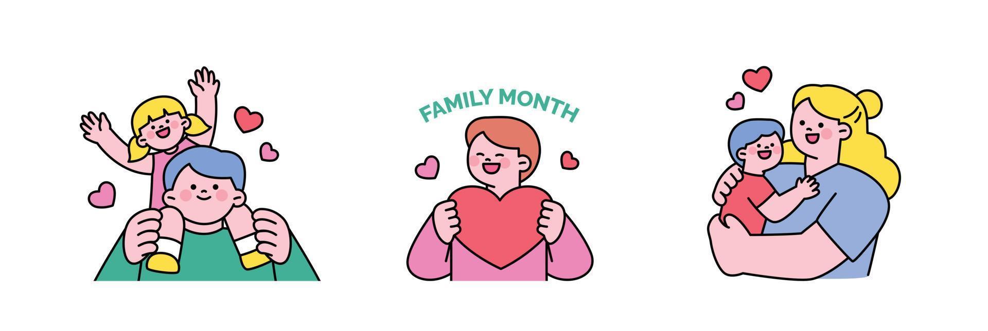 family month. People who appreciate their parents and love their children. Dad carrying his daughter on his shoulders. Person holding a heart. Mom embracing her son. vector