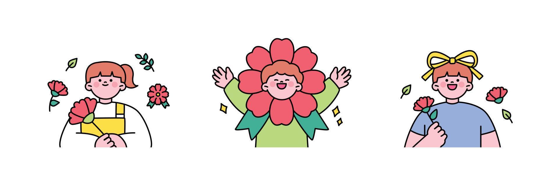 family month. People who appreciate their parents and love their children. Girl and boy with carnations. A boy with a carnation mask. vector