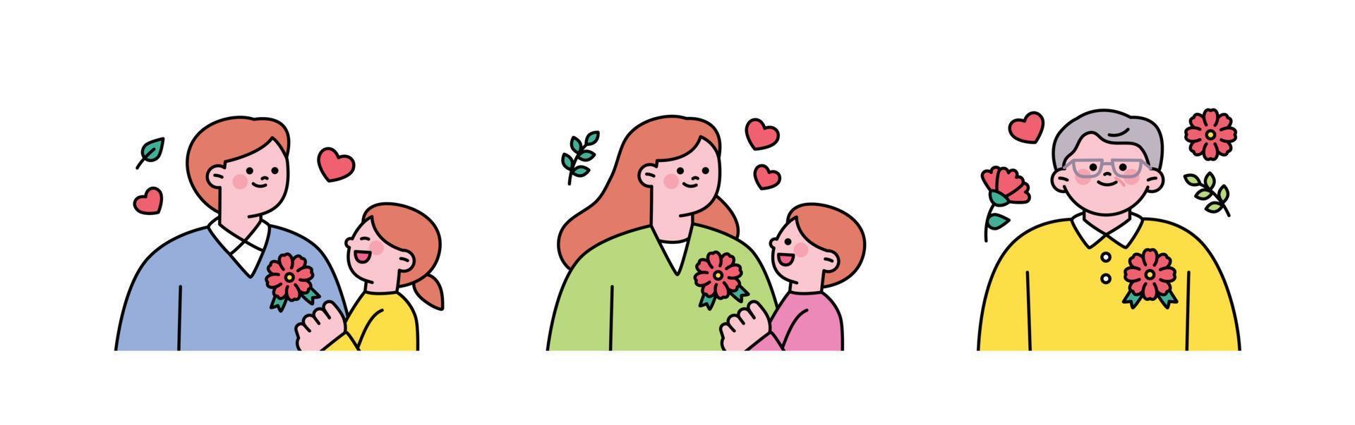 family month. People who appreciate their parents and love their children. Children putting carnation badges on their parents. Grandpa wearing a carnation badge. vector