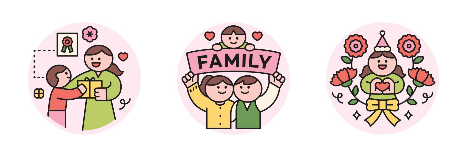 family month. People who appreciate their parents and love their children. Child giving gift to mom, parents holding family placard, carnation and congratulation icon. vector