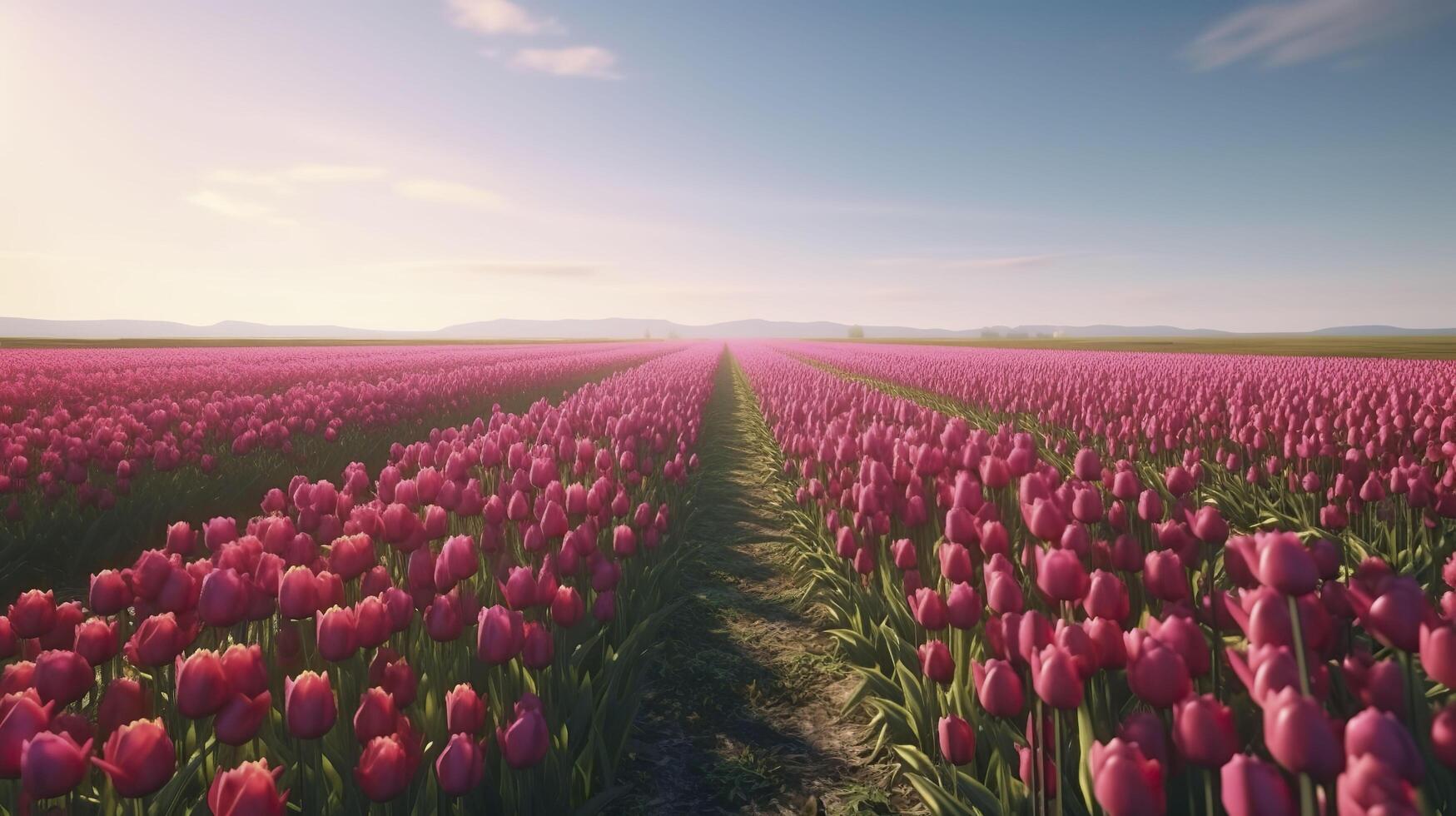 Field with pink tulips. . photo