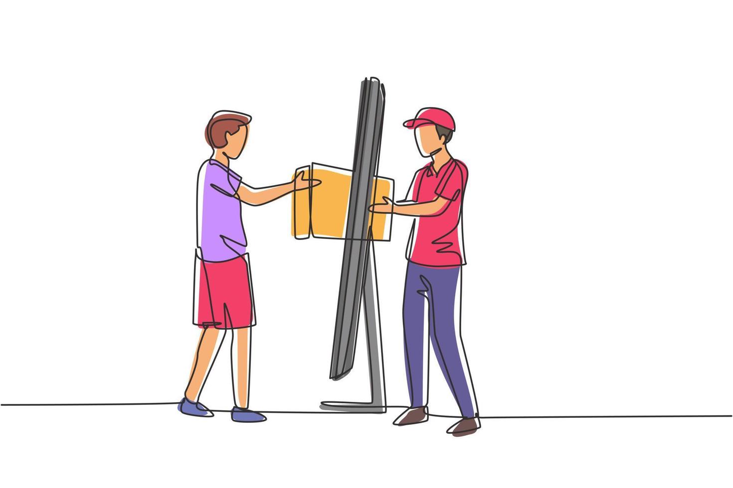 Single one line drawing male courier delivers box package, through monitor screen to male customer. Online delivery service concept. Modern continuous line draw design graphic vector illustration