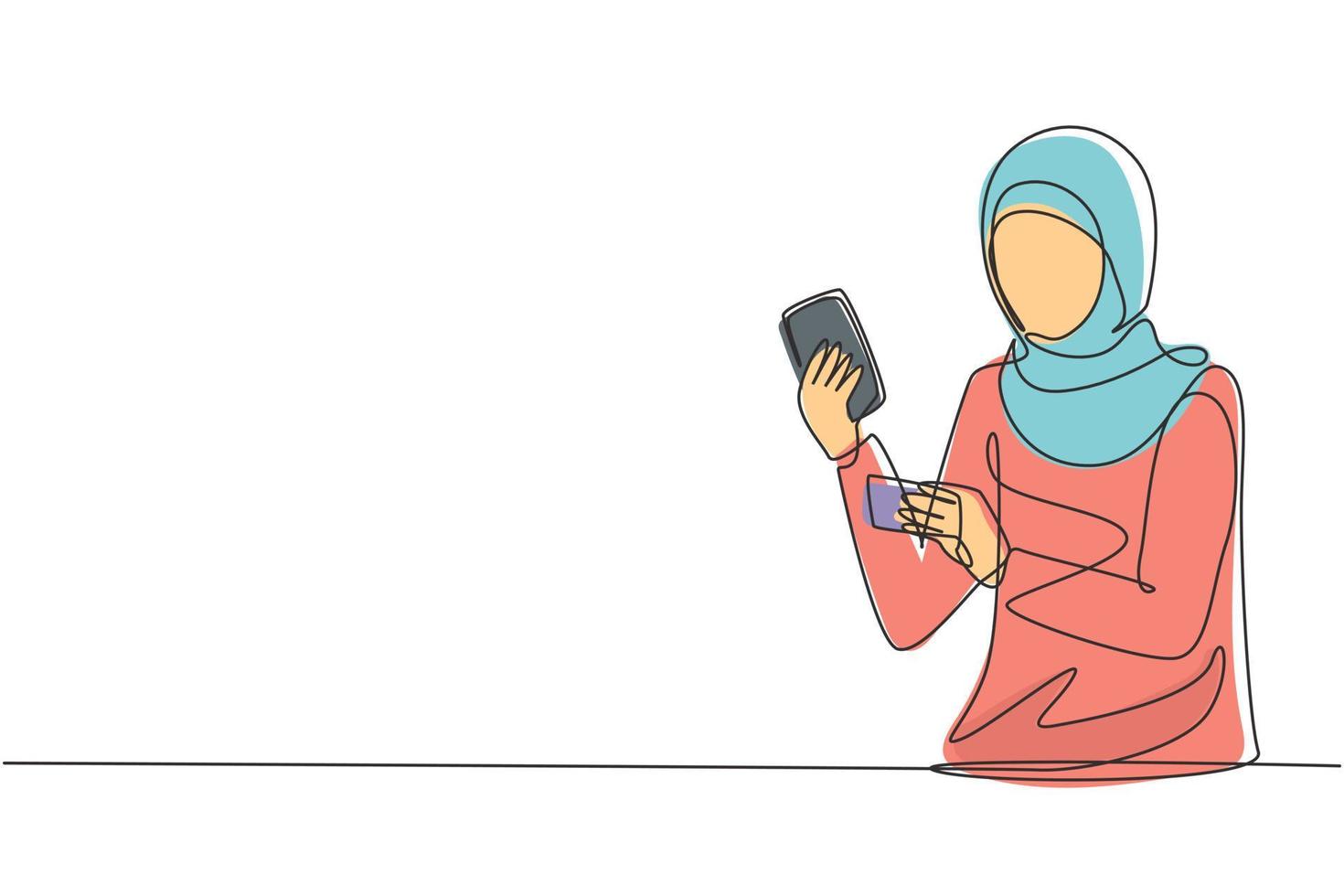 Continuous one line drawing young Arabian woman typing entering credit card code on smartphone around desk. Digital lifestyle and payment concept. Single line draw design vector graphic illustration