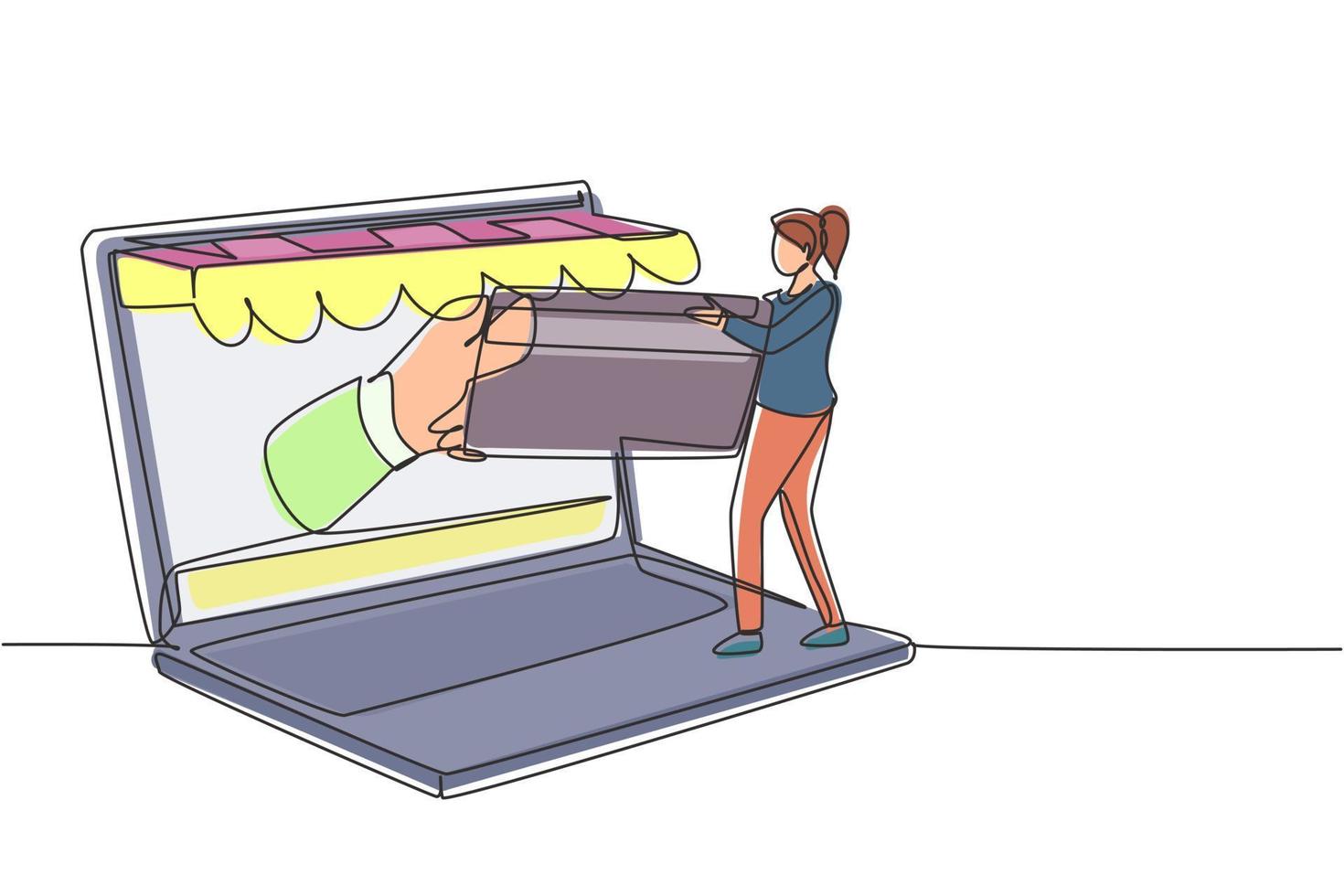 Single one line drawing young woman inserting credit card into large canopy laptop screen and accepted by hand. Digital payment concept. Modern continuous line draw design graphic vector illustration