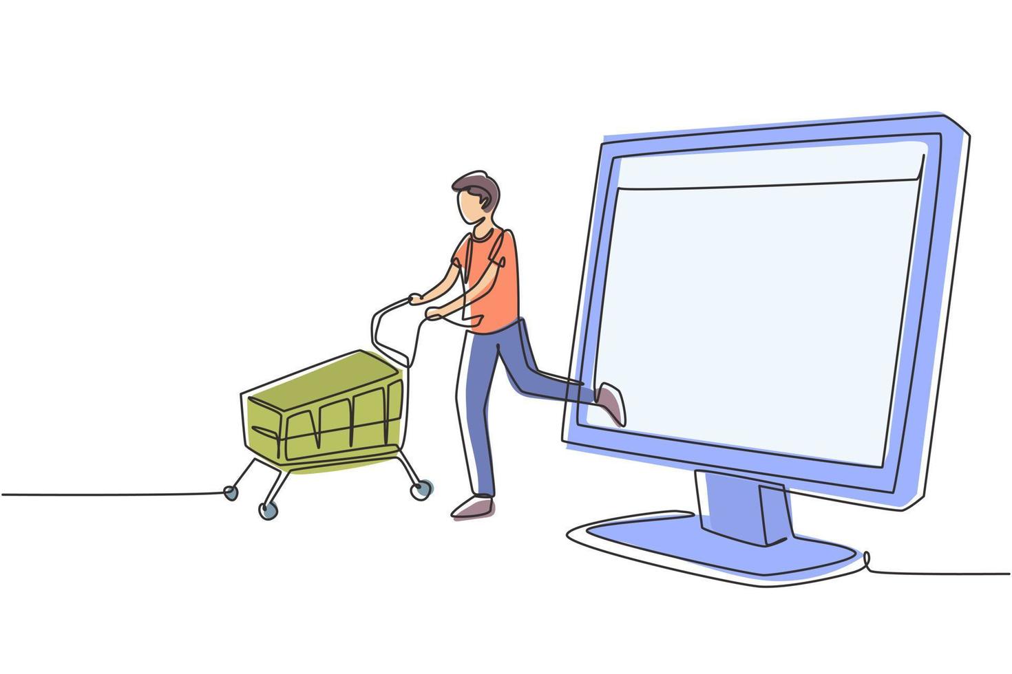 Continuous one line drawing young man coming out of monitor screen pushing a shopping cart. Sale, digital lifestyle, consumerism and people concept. Single line draw design vector graphic illustration