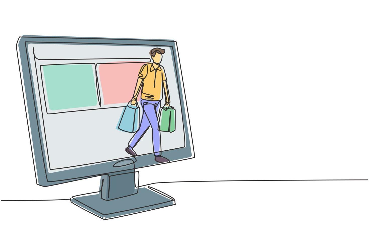 Continuous one line drawing young man coming out of monitor screen holding shopping bags. Sale, digital lifestyle, consumerism and people concept. Single line draw design vector graphic illustration
