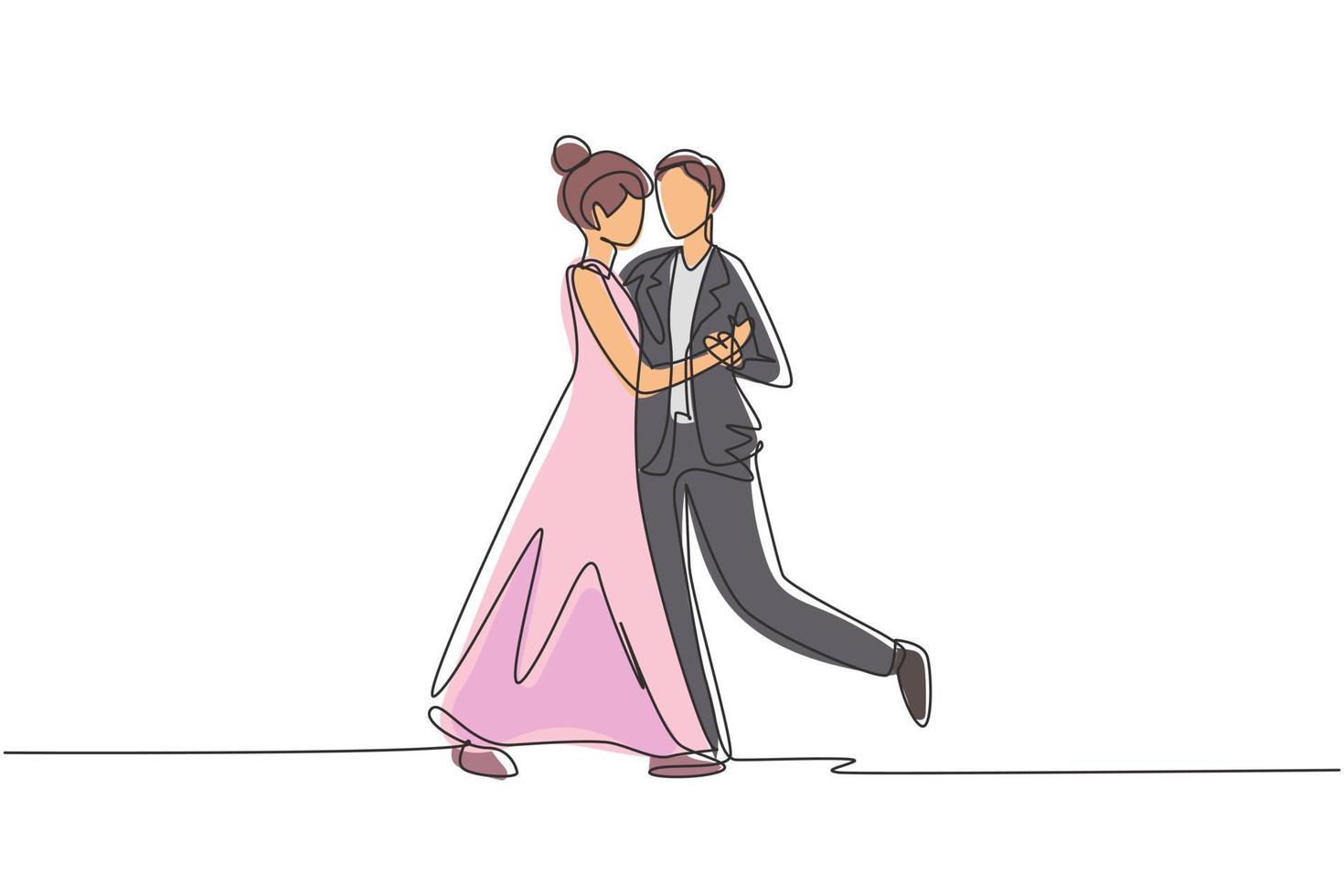 dibujo de línea continua única hombre mujer bailarina profesional pareja bailando tango, bailes de vals en la pista de baile del concurso de baile. noche romantica. Ilustración de vector de diseño gráfico de dibujo de una línea dinámica