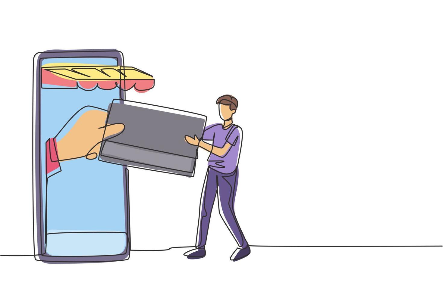 Single continuous line drawing young man inserting credit card into canopy smartphone screen and accepted by hand. Digital payment concept. Dynamic one line draw graphic design vector illustration