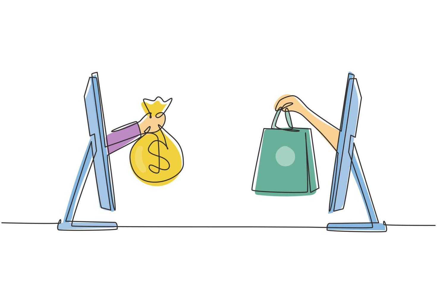 Single continuous line drawing two hands out of the monitor screen to exchange shopping bags with money bag. Sale, digital payment concept. Dynamic one line draw graphic design vector illustration