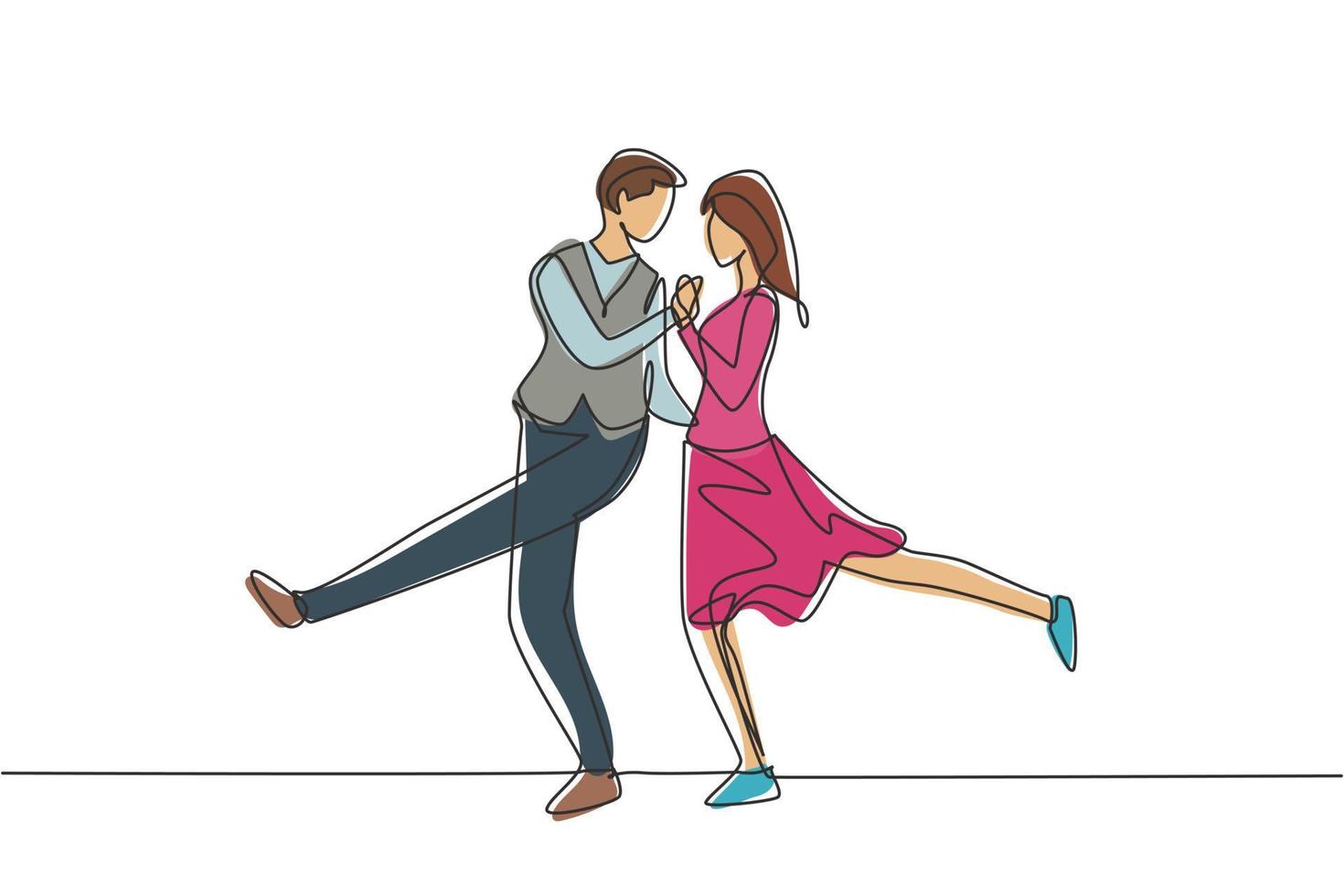 Single continuous line drawing man and woman professional dancer couple dancing tango, waltz dances on dancing contest. Romantic night concept. Dynamic one line draw graphic design vector illustration