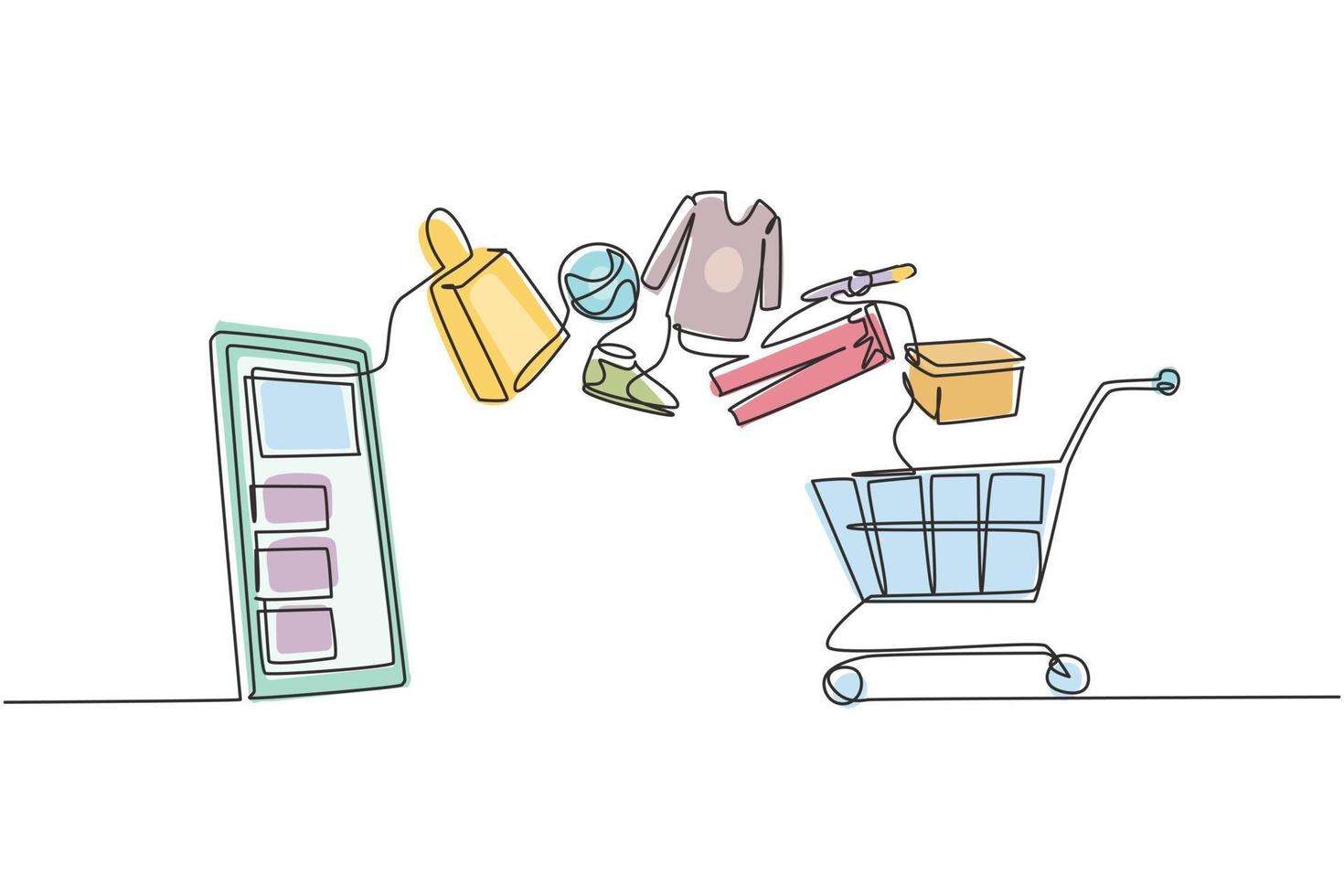 Continuous one line drawing smartphone and shopping cart with products purchased online. E-commerce and digital marketing. Order to cart concept. Single line draw design vector graphic illustration
