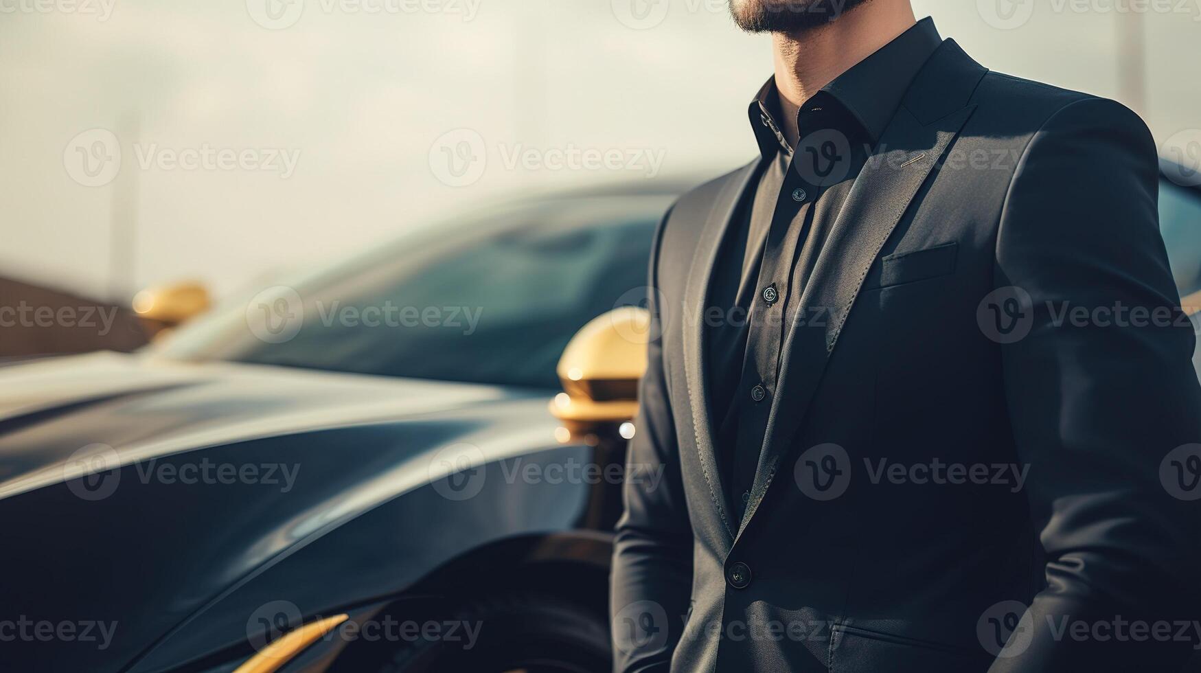 A Close-Up of a Rich Businessman Standing in Front of a Luxurious Supercar. photo