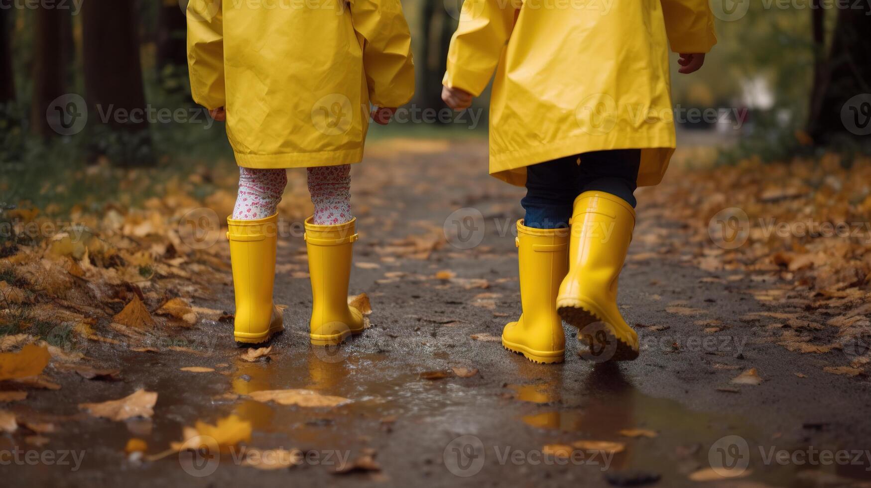 Kids in rubber boots walking in the park. photo