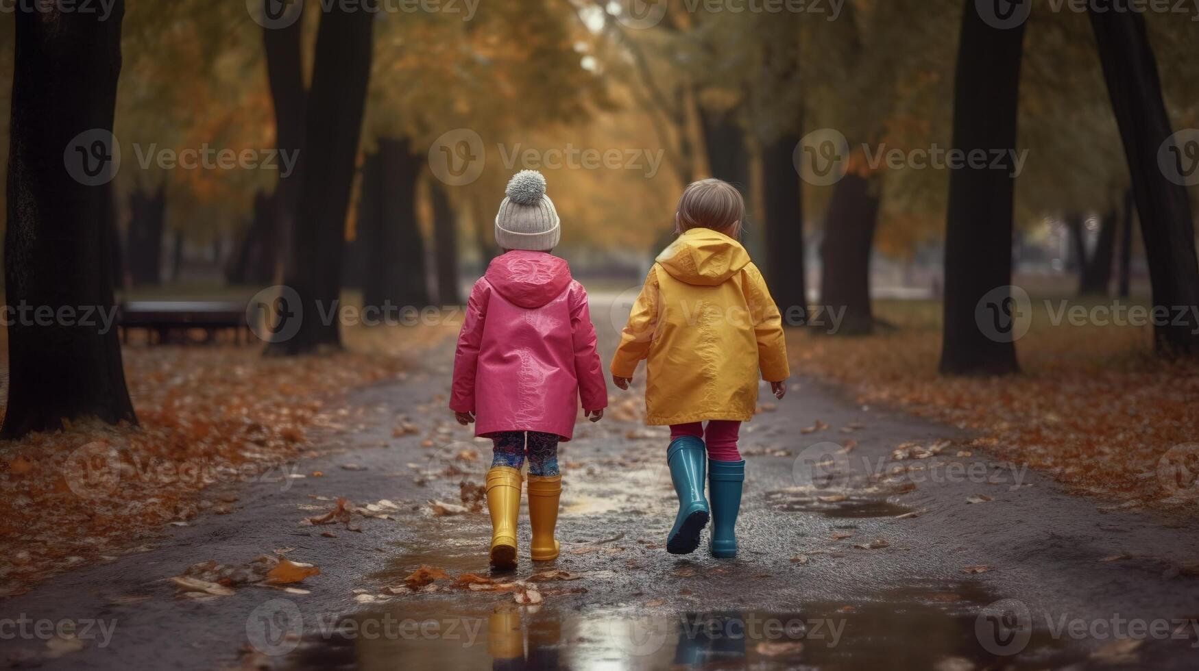 niños en caucho botas caminando en el parque. generativo ai foto